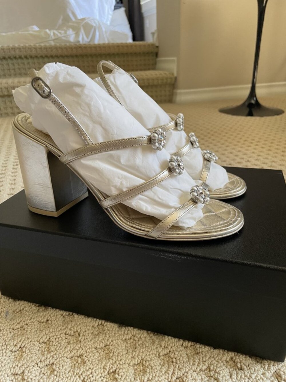 Chanel light gold block heel sandals